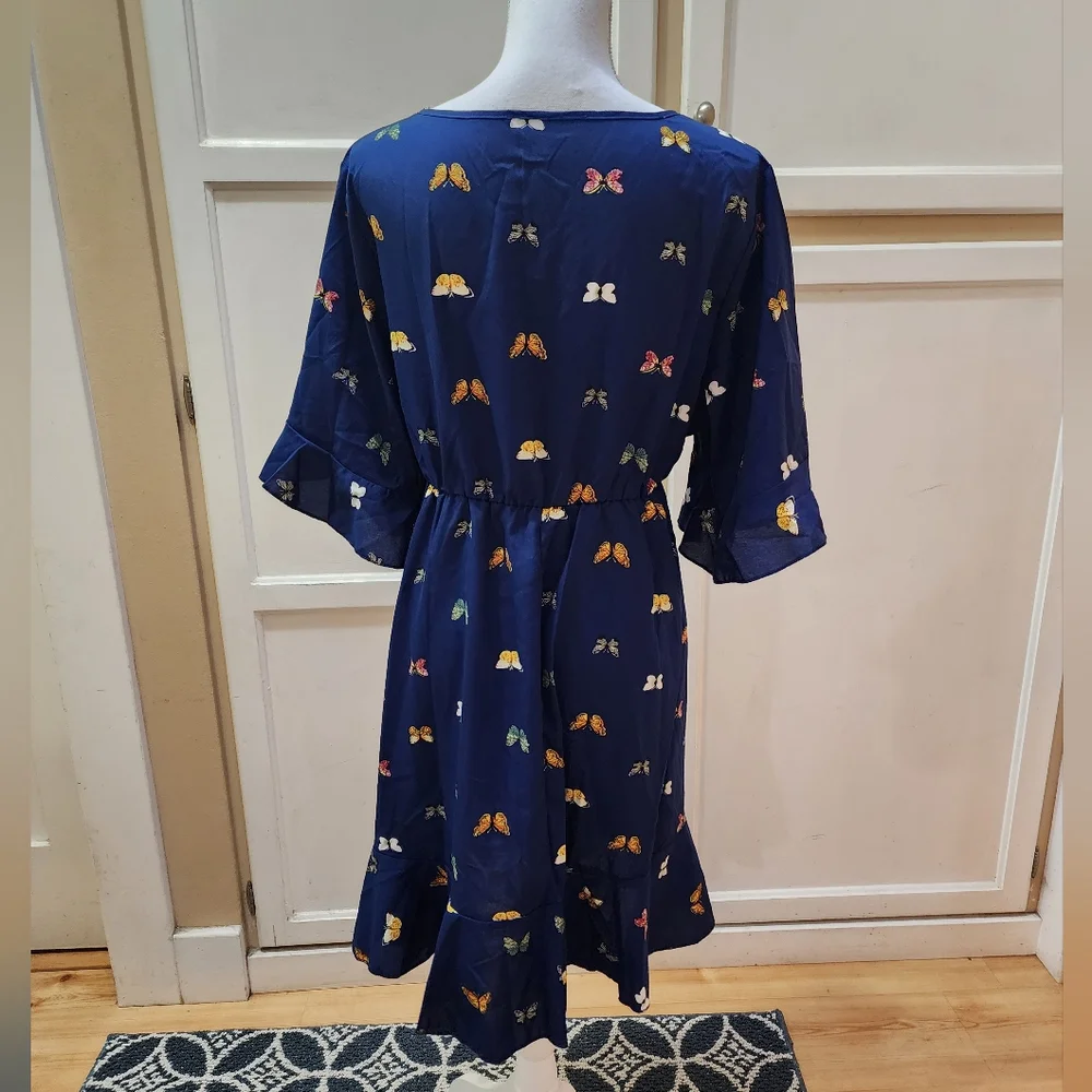 SHEIN Women's Butterfly Print, Flounce Sleeve, Hem Knot Front Dress NWOT - Picture 10 of 14